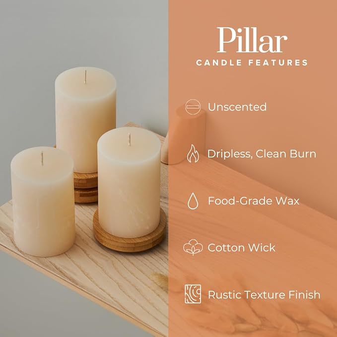 Simply Soson 3x4 inch Ivory Pillar Candles Set of 6, Rustic Texture, Unscented Ivory Candles, Dripless Candles, 3 inch Pillar Candles Ideal as Wedding, Parties, Spas, Dinner, Home Decoration, Church