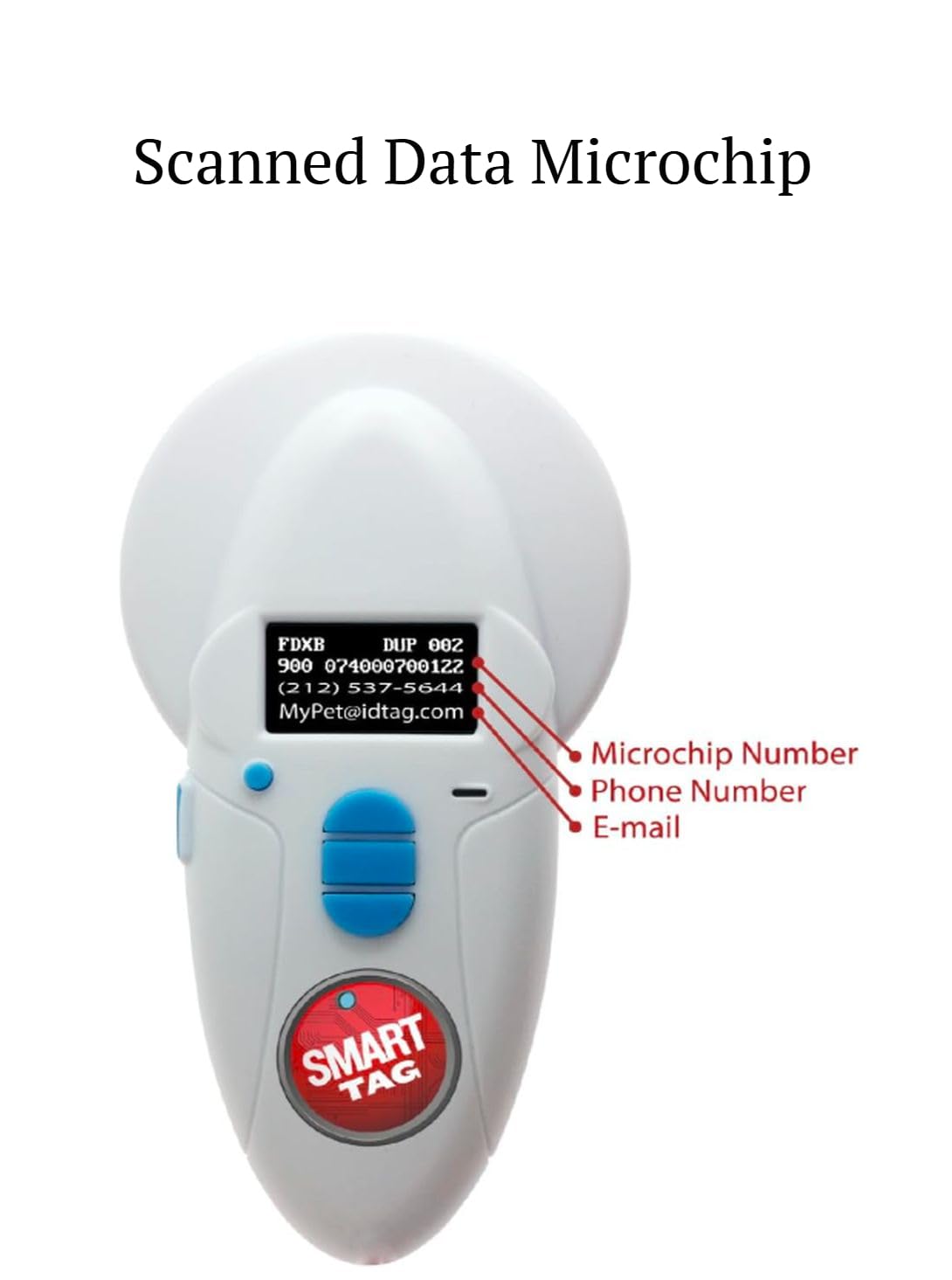 SMART TAG Multi-Frequency Microchip RFID Data Scanner/Temperature Reading Capable for All ISO 134.2KHz & 125KHz, Read/Display/Program Up to 54 Characters (Phone #s, email & More), USB Rechargeable