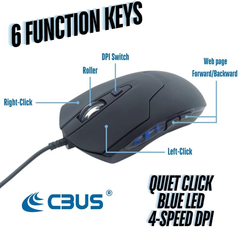 CBUS 6-Button 4 Wired USB C Mouse, Quiet Click Computer Mouse - DPI Speeds, Ergonomic, LED Backlight - Compatible