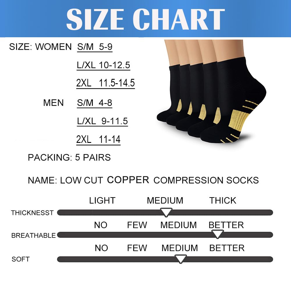 Aoliks Copper Ankle Compression Socks for Women & Men - Plantar Fasciitis Arch Support Running Socks for Athletic, Gifts for Runners