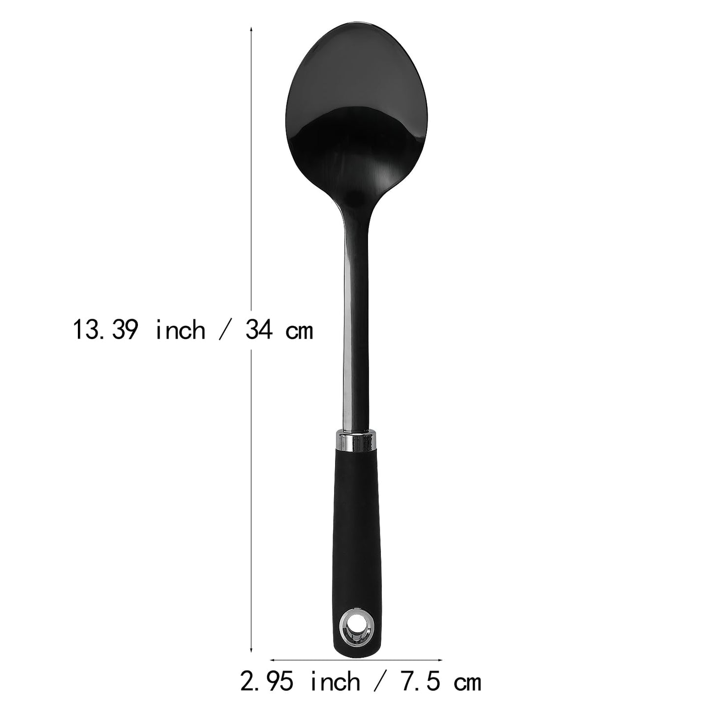 304 Stainless Steel Cooking Spoon, 14 Inch Solid Basting Spoon with Silicone Non-Slip Handle, Heavy Duty Serving Spoon for Stirring, Scooping, Mixing, Serving Soups, Sauces, Rice, Black