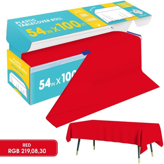 Niuara Red Plastic Table Cover Roll - 54" x 100FT | Disposable Table Cloth with Slide Cutter for Events