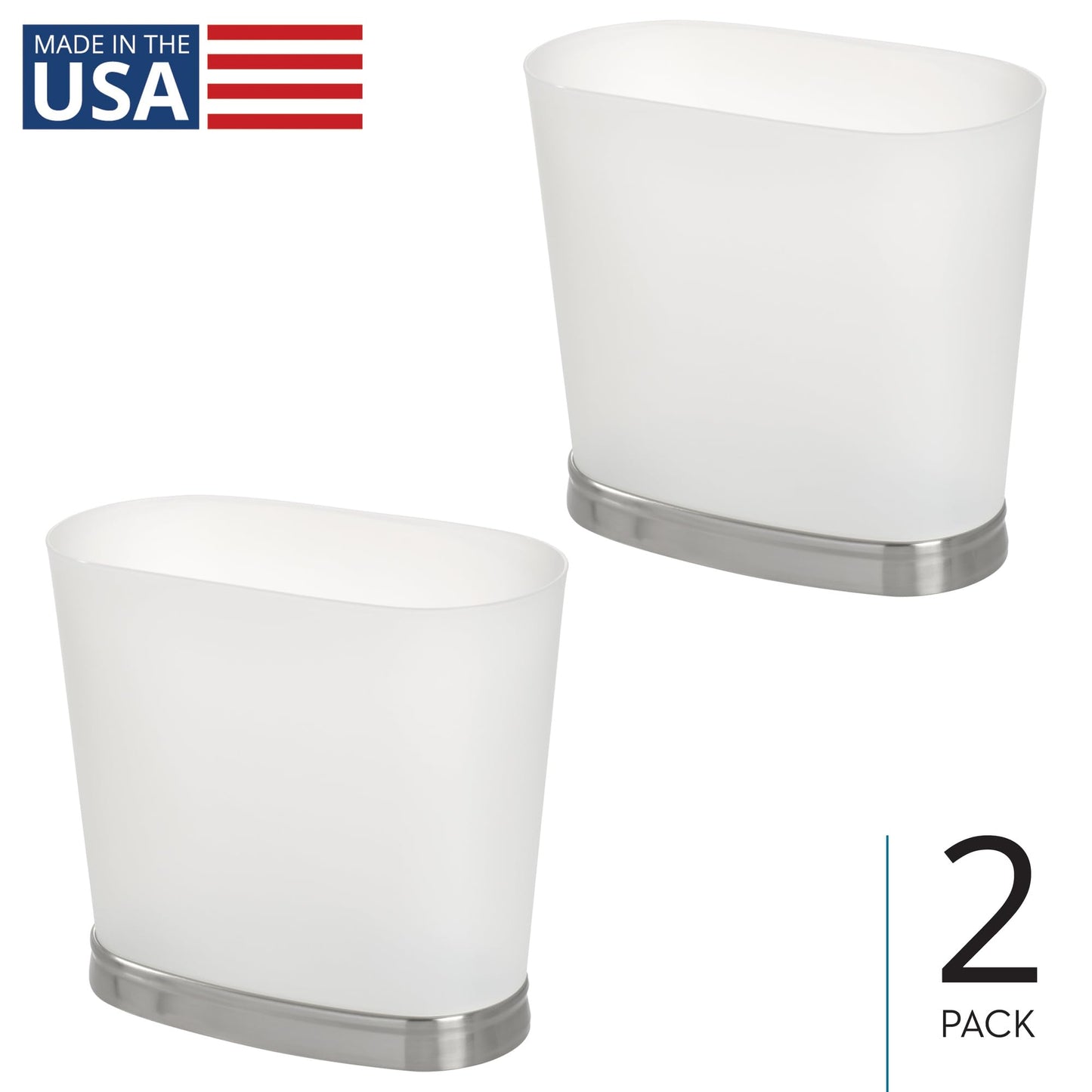 iDesign Slim Bathroom Trash Can, Small Plastic Garbage Can for Bedroom, Office, Desk, or Dorm, 2-Pack, Frost/Brushed