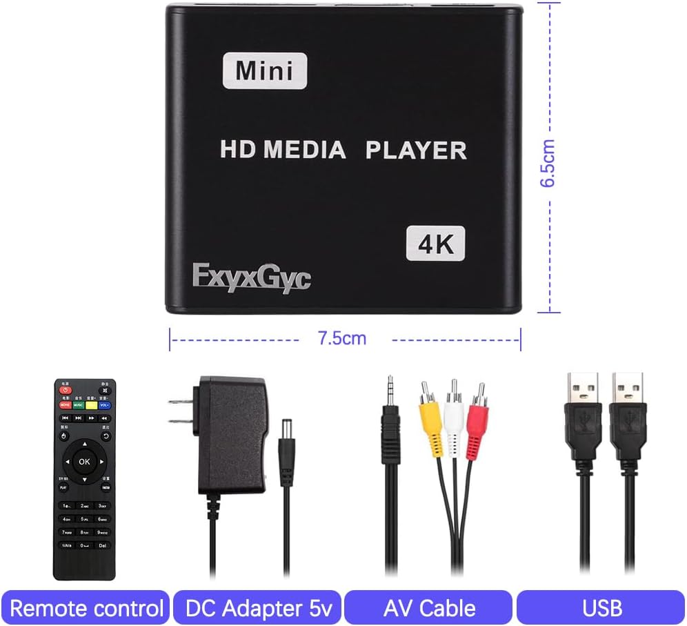 FxyxGyc 4K 4K@30Hz Output,H.265/H.264/AVC MP4/MKV/MP3/TS/Rmvb/Mov/JPG HDMI Media Player, Ultra HD Digital Media Player