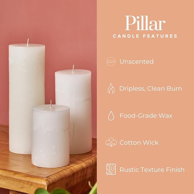 Simply Soson 3x4 inch White Pillar Candles Set of 3, Rustic Texture, Unscented White Candles, Dripless Candles, 3 inch Pillar Candles Ideal as Wedding, Parties, Spas, Dinner, Home Decoration, Church