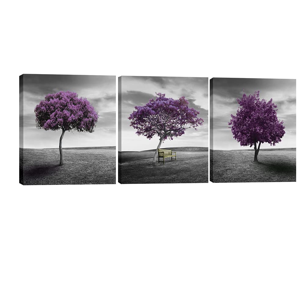 Pyradecor 3 Panels Purple Trees Giclee Canvas Prints Wall art Paintings for Living Room Bedroom Home Decorations Large Modern Gallery Wrapped Landscape Fall Forest Pictures Artwork Ready to Hang L