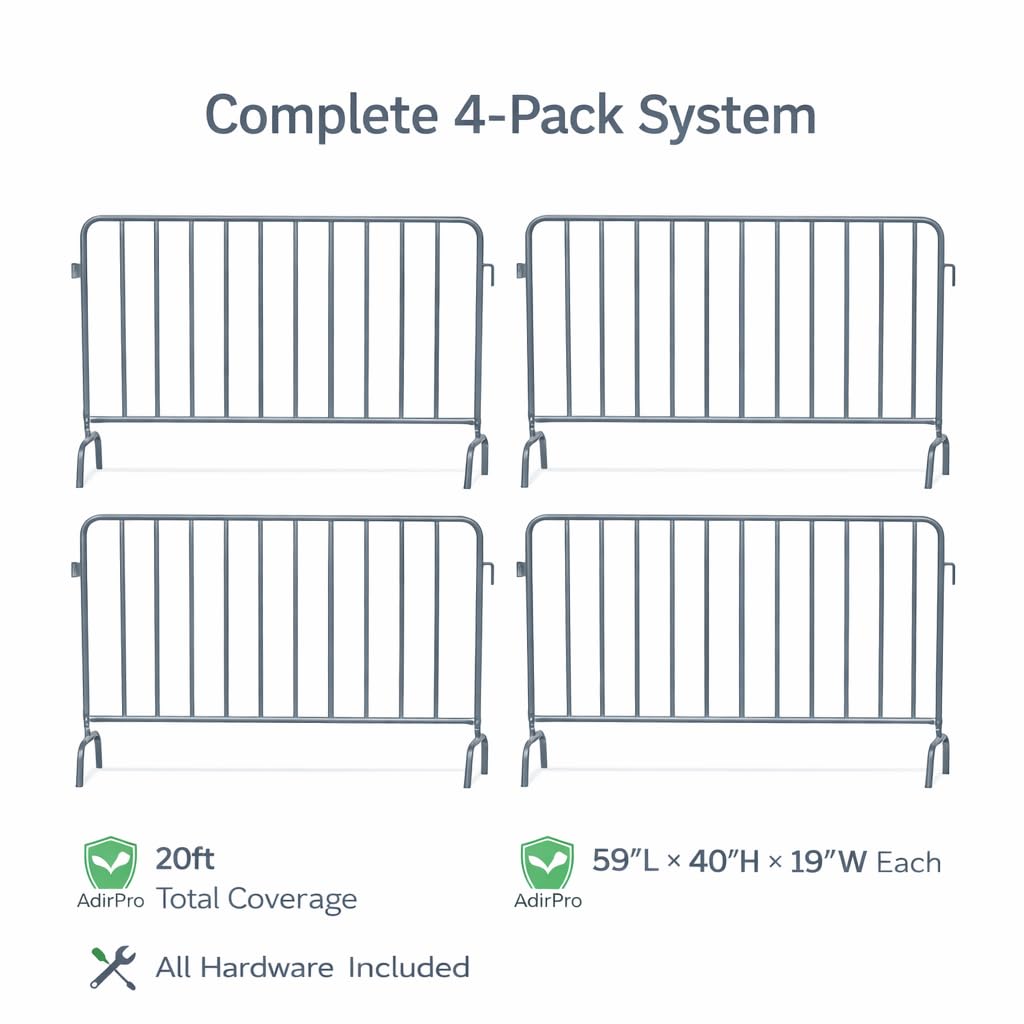 AdirPro 5 ft Crowd Control Barricade, 4-Pack | Interlocking Steel Barricade Fence | Heavy-Duty 16-Gauge Weatherproof Steel | for Events, Construction, Road Closure & Parking Lots