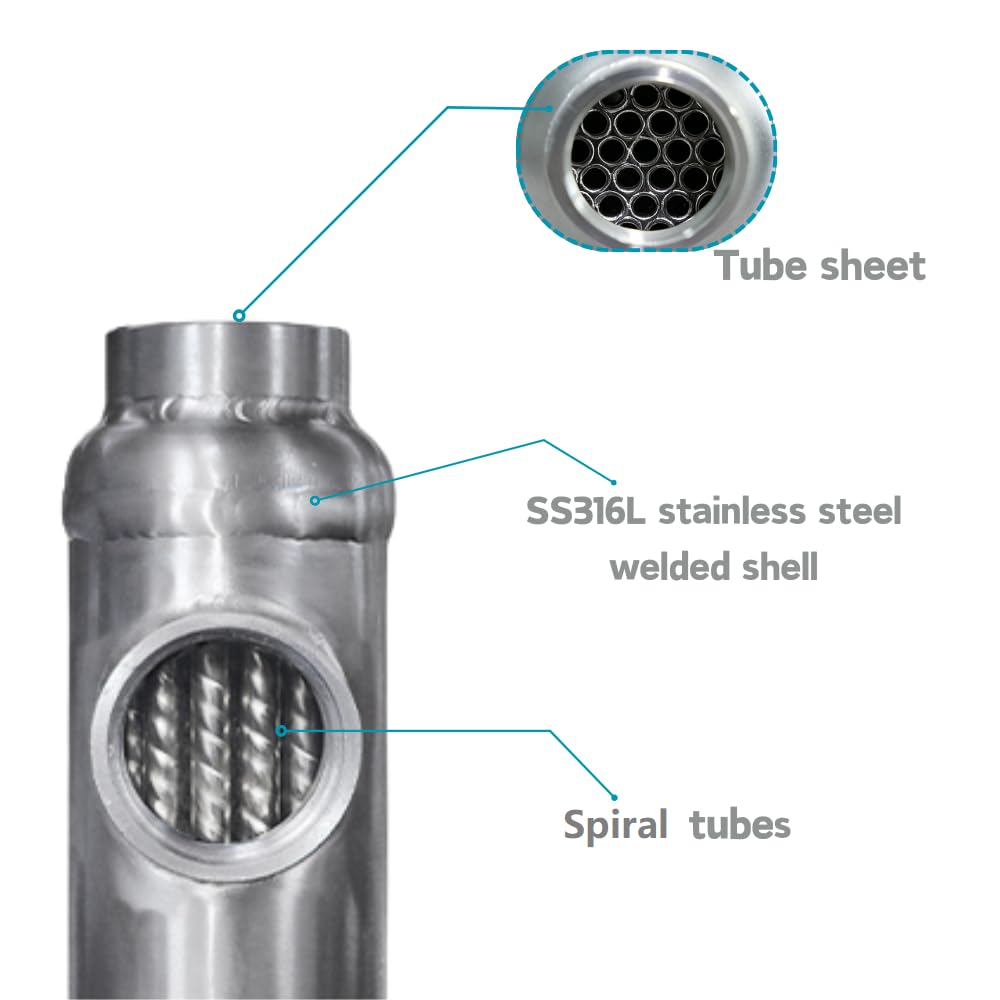 RIYI Pool Heat Exchanger, 3000kBtu Stainless Steel 316L Shell and Tube Same Side Ports Size 2 1/2"+4" NPT Brackets Included, High-Efficiency Design for Pools/Tanks/Oil Coolers/Solar (ST-3008kBtu-s)