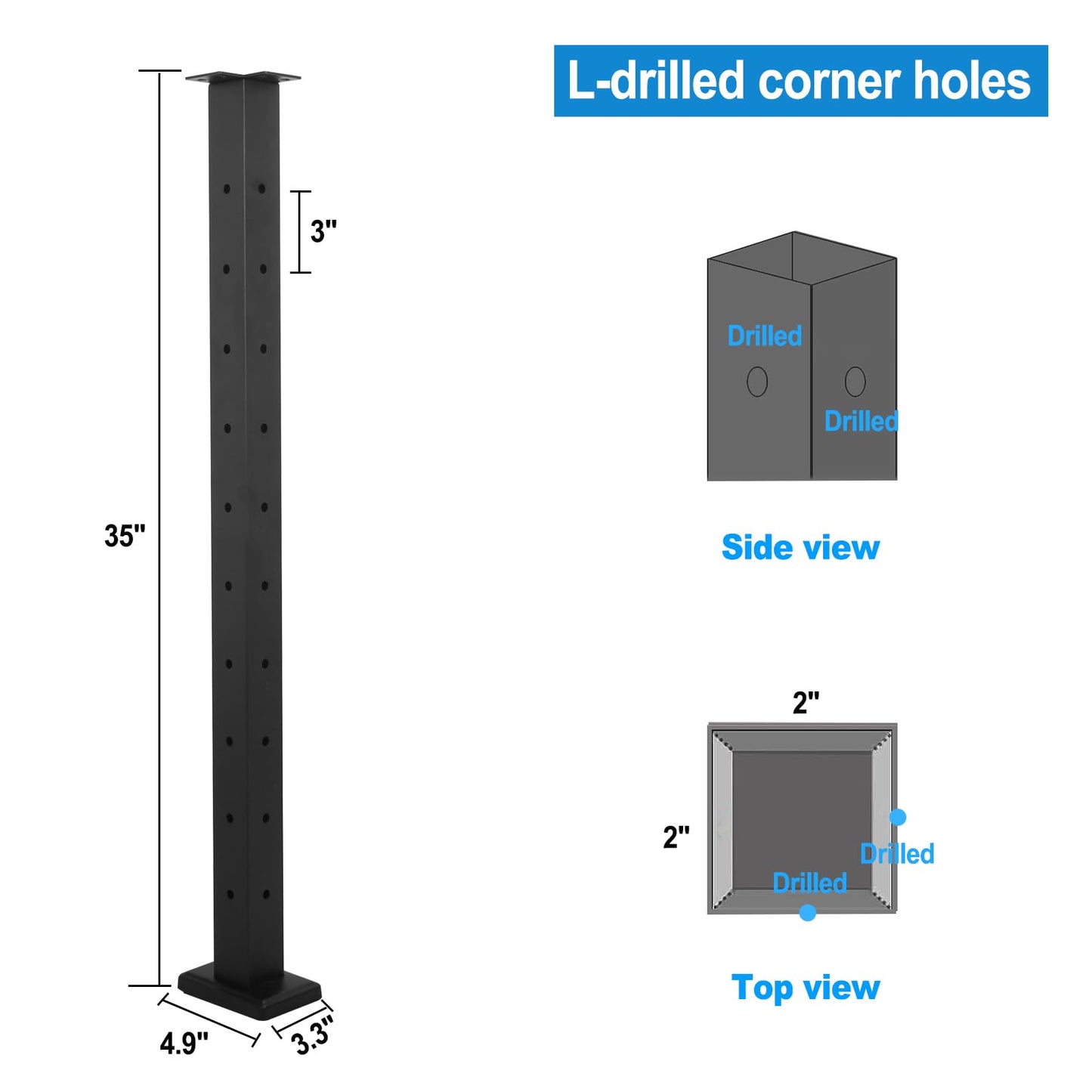 Sidasu 36" Corner Post L-Drilled Cable Railing Post with Fixed Top Mount - Stainless Steel, Black Finish
