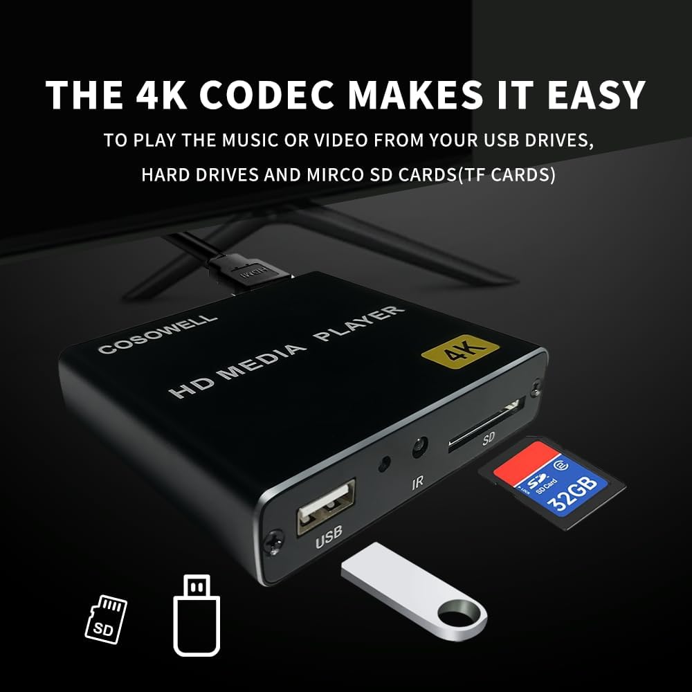COSOWELL 4K H.265 H.264 MP4 MP3 Media Player for USB Drive & SD, Ultra HD Digital Signage Player with HDMI/AV Output
