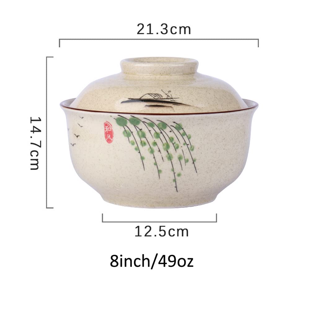 LLPUSLUO 8 inch Retro Ceramic Ramen Bowl with Lid,Japanese Style Personalized Dinnerware For Noodle Rice Porridge Soup Fruit Salad (8inch, D)