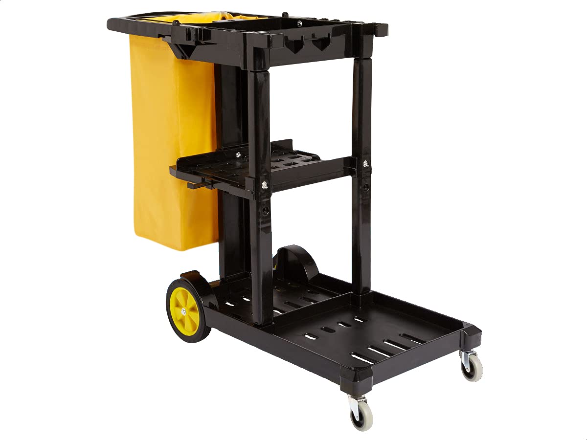 AmazonCommercial Janitorial Utility Cart, Rolling, Portable, with Supply Shelves, Black