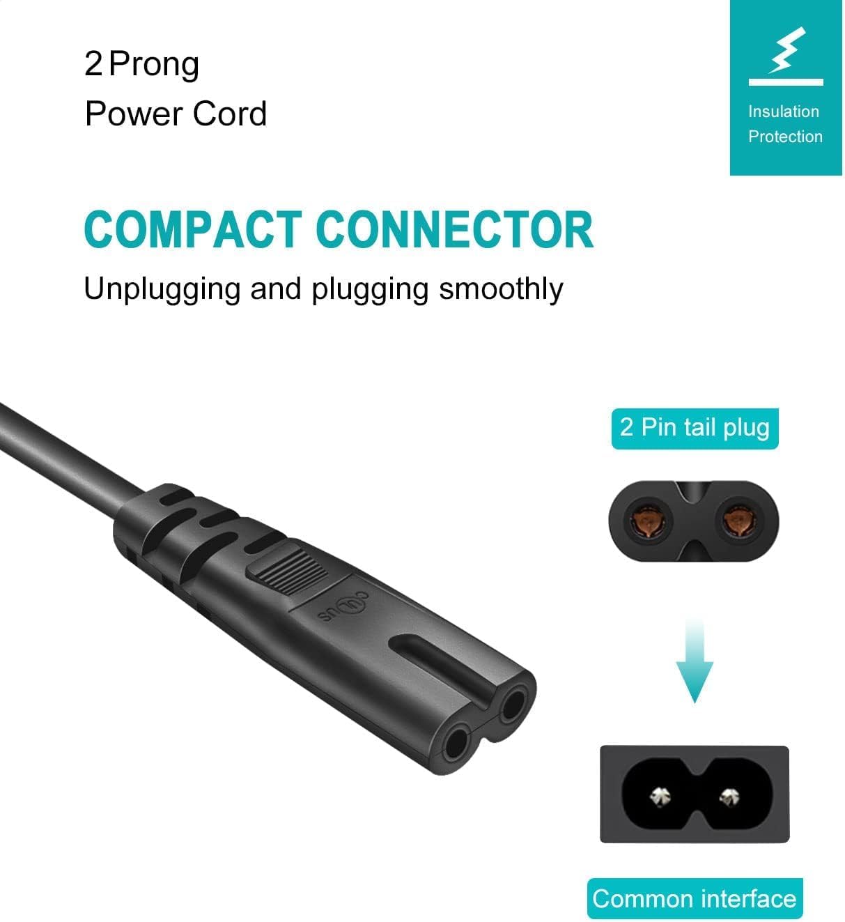 Narpendu 10Ft 2 (10Ft/1-Pack) Projector Power Cord for Mini Projector,Replacement Prong Power Cable