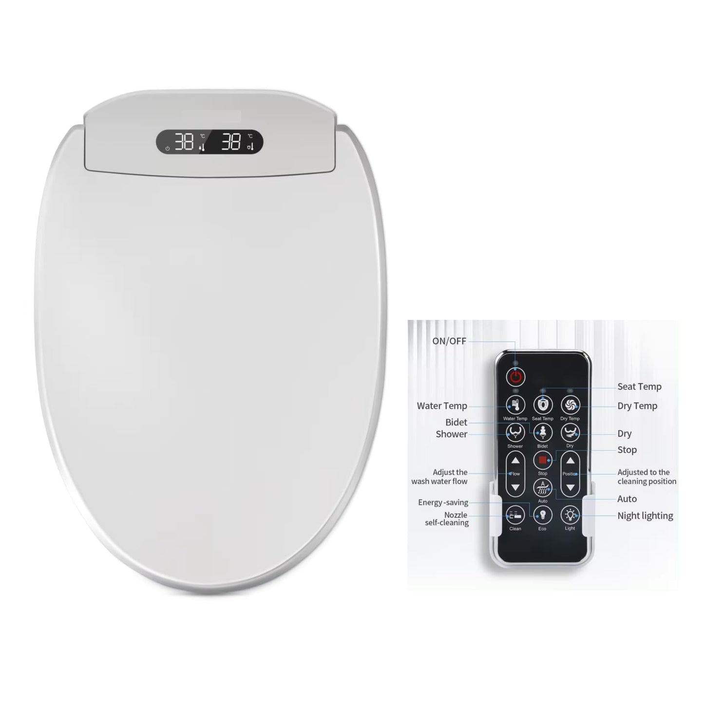 Electric Bidet Toilet Seat, Filtered & Unlimited Warm Water, 8 Modes Spa Wash, Warm Air Dryer, Heated Seat, Self-Clean Stainless Steel Nozzle, HD Night Light. 10-year warranty. (TB-38E,Elongated)