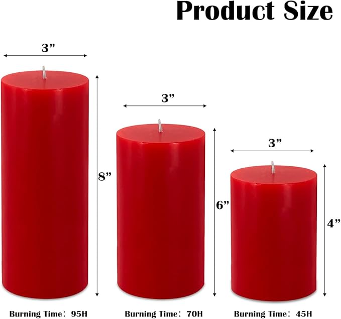 Red Pillar Candles Set of 3 - Dripless Unscented - 3x4, 3x6 & 3x8 inches Decorative Candles for Home Decor & Table Centerpieces