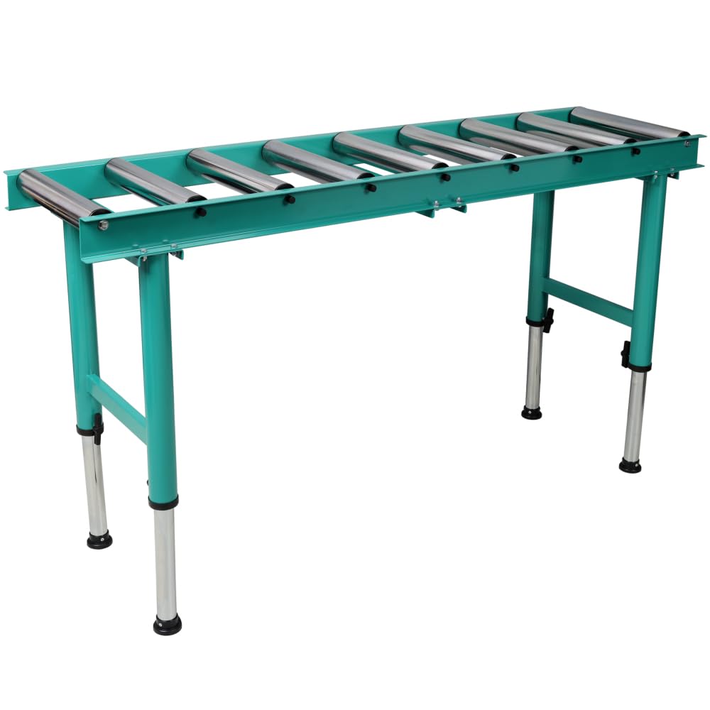Heavy Duty Roller Conveyor Stand, 9 Roll Adjustable Height, Green Steel, 65x18 Inch, 440 lbs Capacity