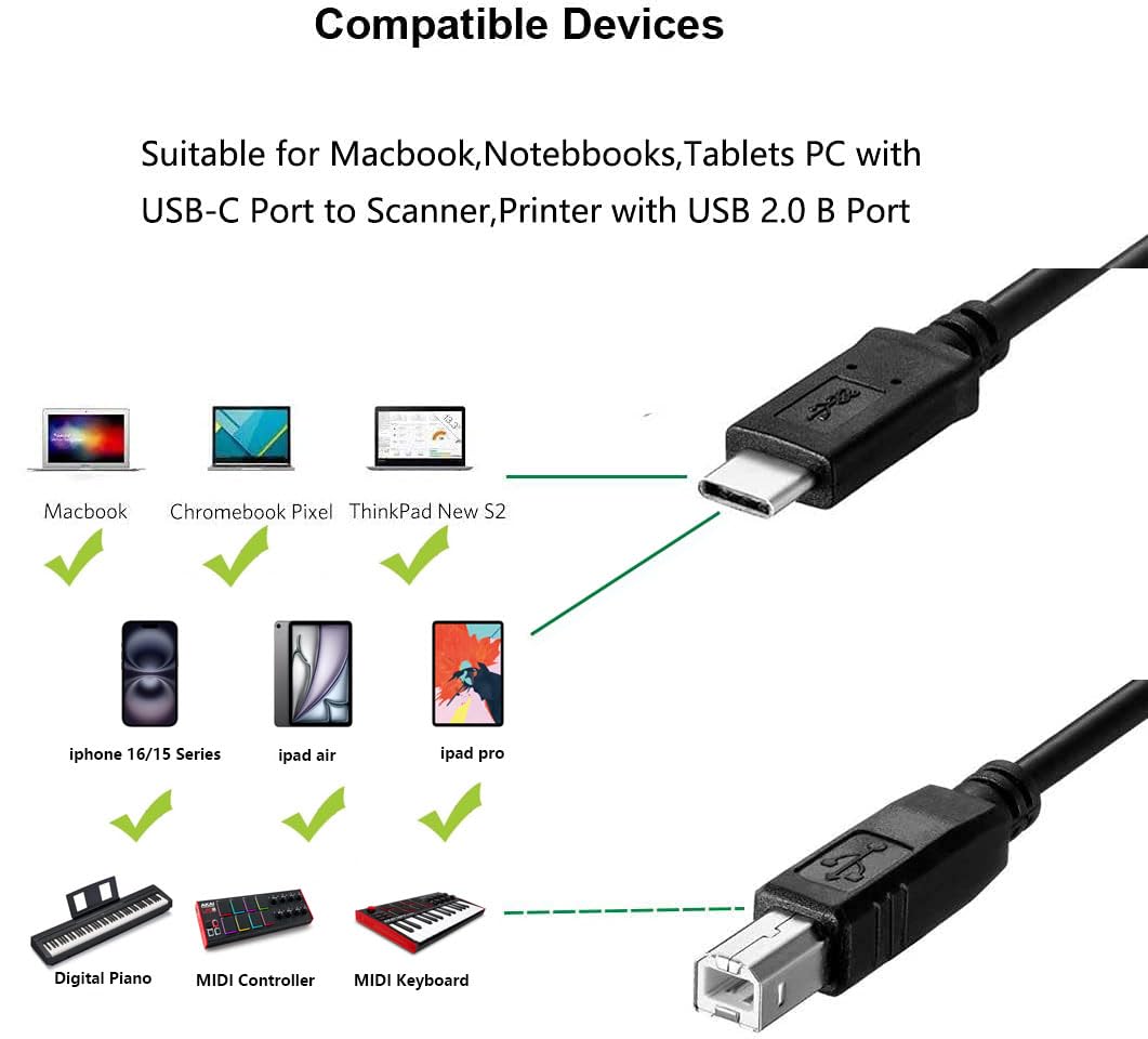 15 6.6FT, 16 for iPhone Printer Cable USB B to USB C Printer Cord for MacBook Pro iPhone Pro, Air, MIDI Cable