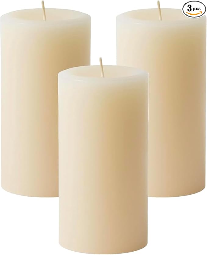 Mister Candle Dripless Vanilla Scented Ivory Pillar Candles Set of 3, Hand Made Vanilla Pillar Candles with Essential Oils for Home Decor, Premium Wax, 80 Hr Burn Time (3x6 inch)