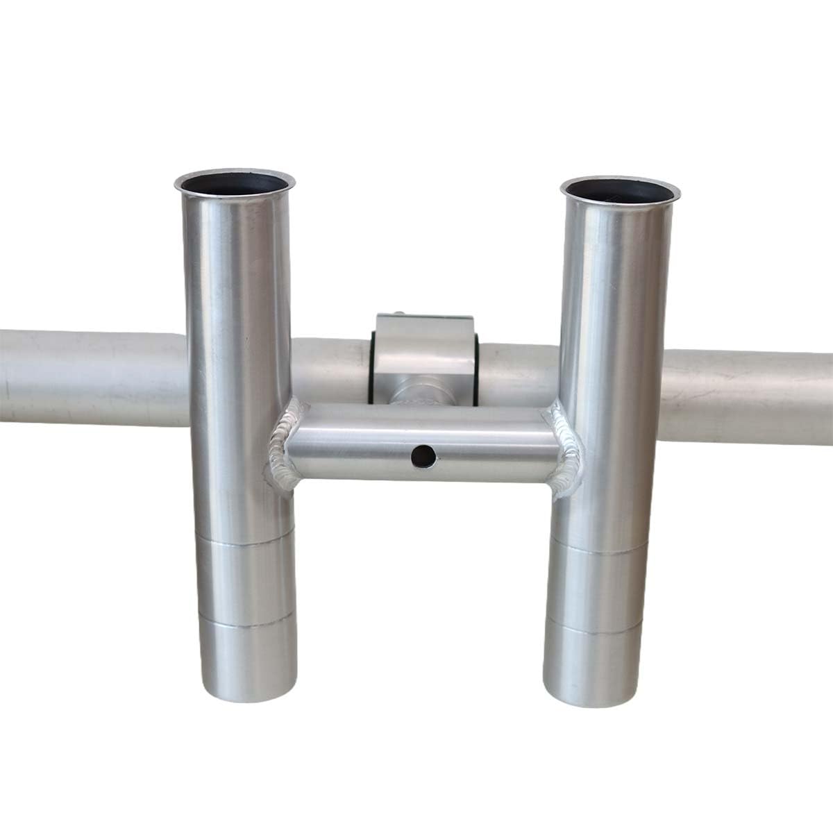 T-Top fishing Rod Holder Twin Aluminum clamp-on fit 1-1/2",1-7/8",2" inch horizontal or vertical fishing tower/leaning post/rail white black anodized (Silver Anodized)