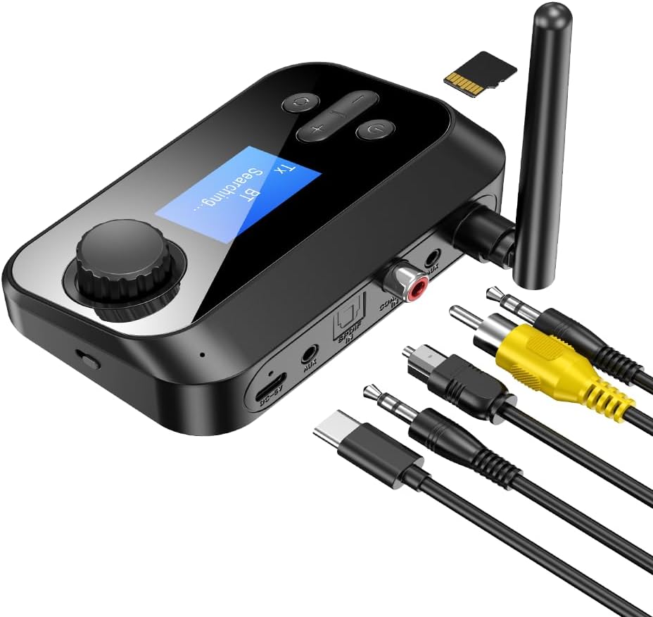 eppfun 3.5mm Bluetooth Transmitter for TV, Audio Adapter Receiver for Home Stereo with Volume Control ON/Off Switch LCD