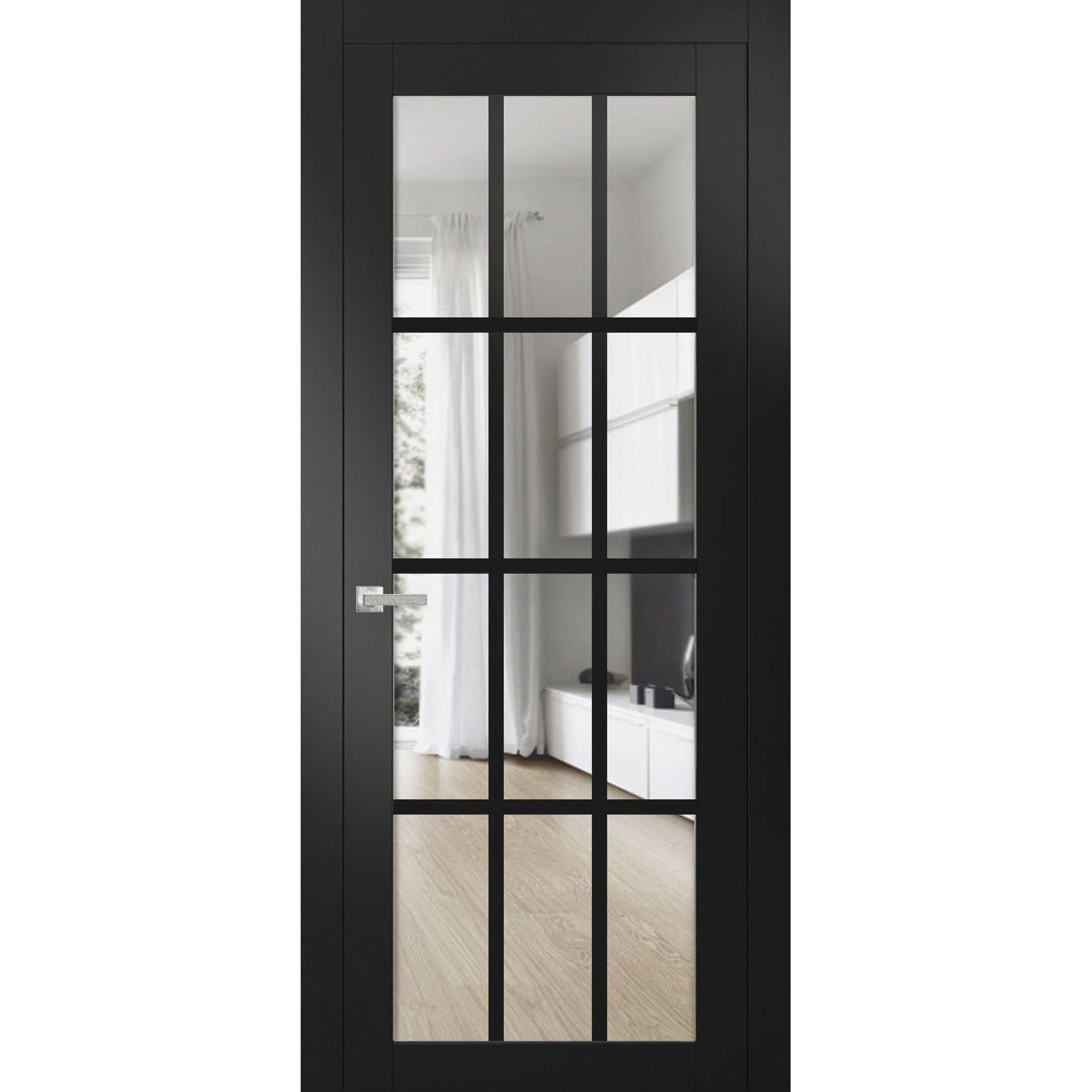 Solid Interior French Pre-Hung Door | Felicia 3355 Matte Black with Clear Glass | Single Regular Panel Frame Trims Handle | Bathroom Bedroom Sturdy Doors -28" x 80"