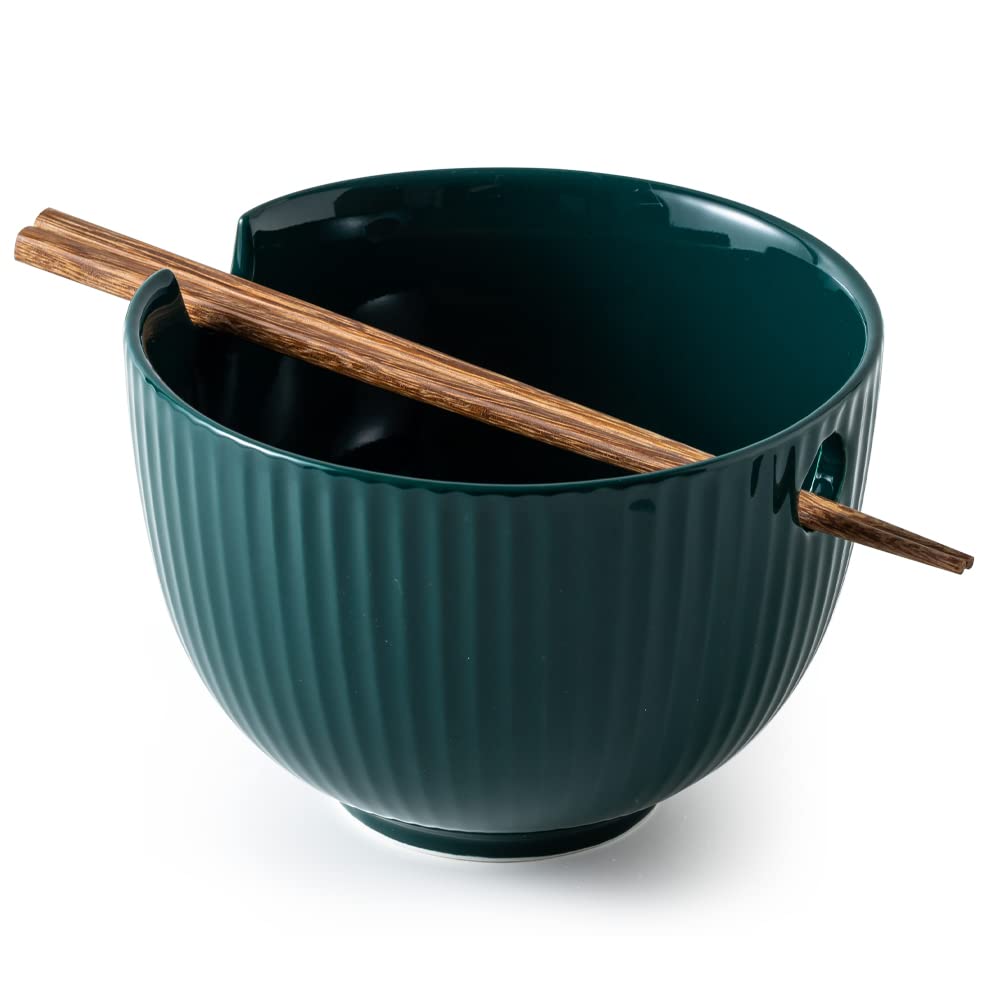 KAMAIDI Ceramic Ramen Noodle Bowl with Matching Chopsticks, Soup Bowls for Udon Soba Pho Asian Noodles, Dishwasher and Microwave Safe, 28 oz (1-Bowl-Green)