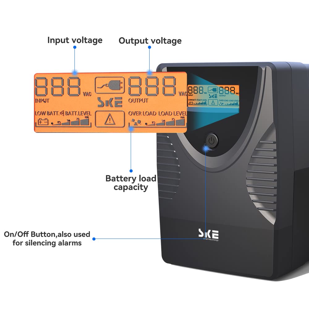 SKE SK625 625VA/360W UPS Battery Backup & Surge Protector - Uninterruptible Power Supply with LCD Display, AVR Voltage Regulation, 6 Outlets, Backup Power for PC, Router, NAS & Home Office