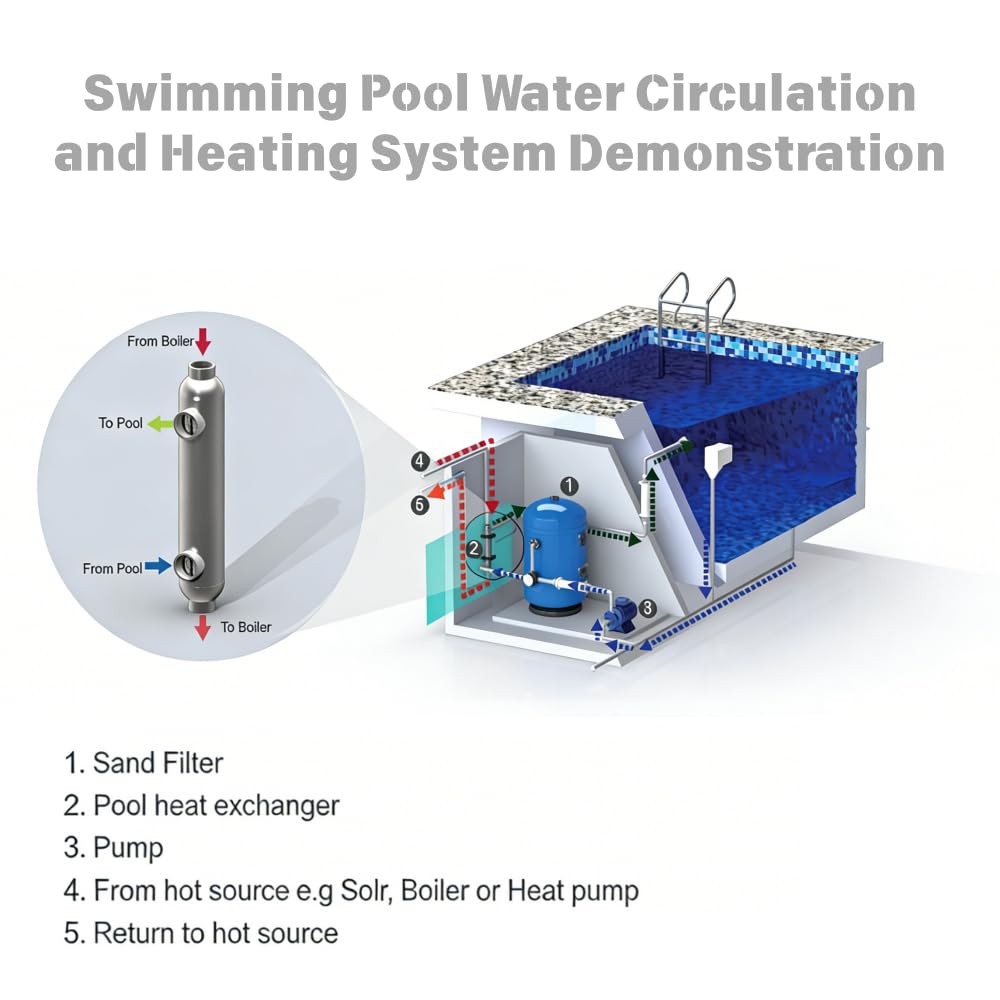RIYI Pool Heat Exchanger, 3000kBtu Stainless Steel 316L Shell and Tube Same Side Ports Size 2 1/2"+4" NPT Brackets Included, High-Efficiency Design for Pools/Tanks/Oil Coolers/Solar (ST-3008kBtu-s)