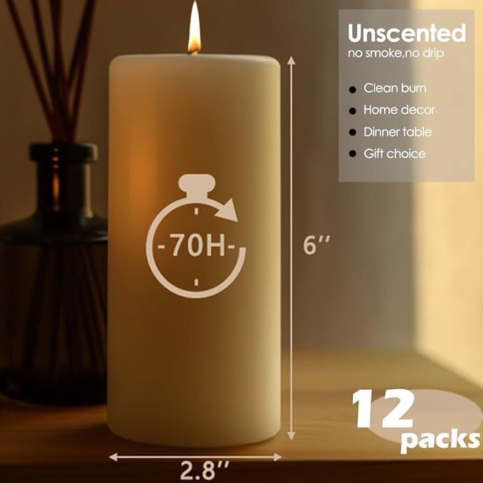 Set of 12 Ivory Pillar Candles - 2.8x6 inch Hand-Poured Large Pillar Candle | 75 Hours Burn Time | Unscented Candles | Dripless and Smokeless | Perfect for Wedding, Parties, Spas, Home Decor