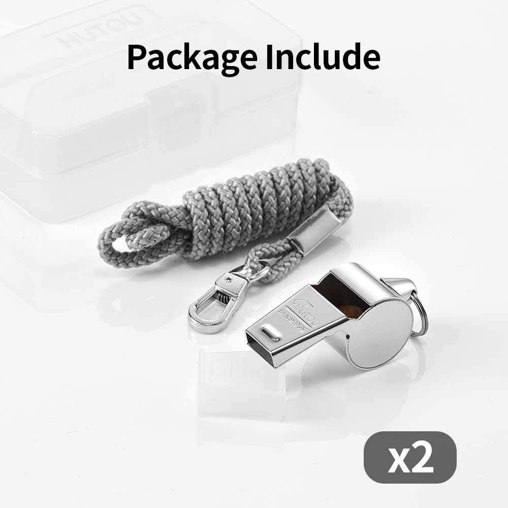 HUTOU Whistle 2 Packs Stainless Steel Coach Sports Whistle with Lanyard, Loud Crisp Sound Whistle Ideal for Coaches, Referees, and Official