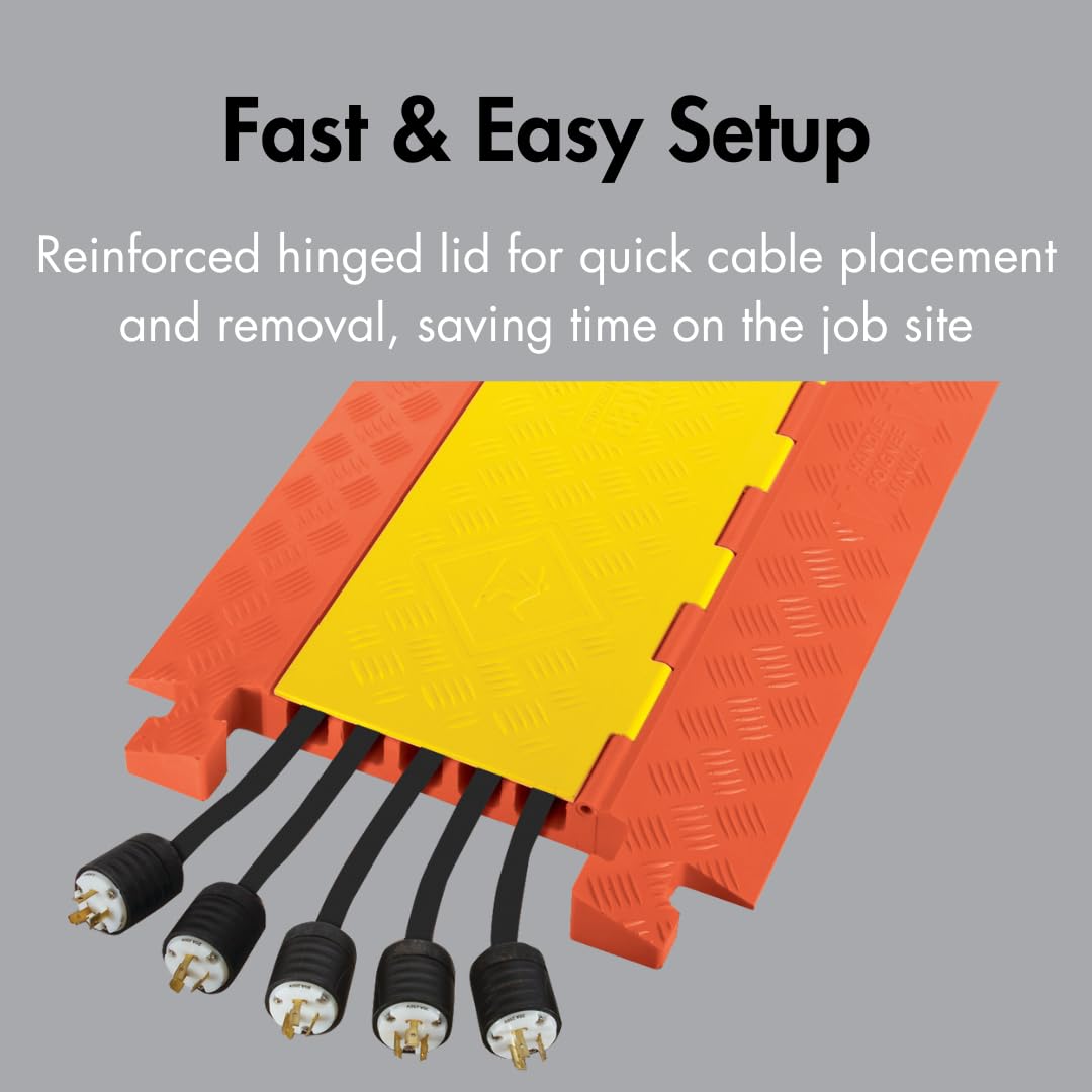Checkers 5 Channel Industrial Drive Over Cable Protector for 1.25" Lines, 21k/Axle Load Capacity Hose and Cable Ramp for Heavy Duty Equipment, Made in The USA, Orange/Yellow, CP5X125-GP-O/Y