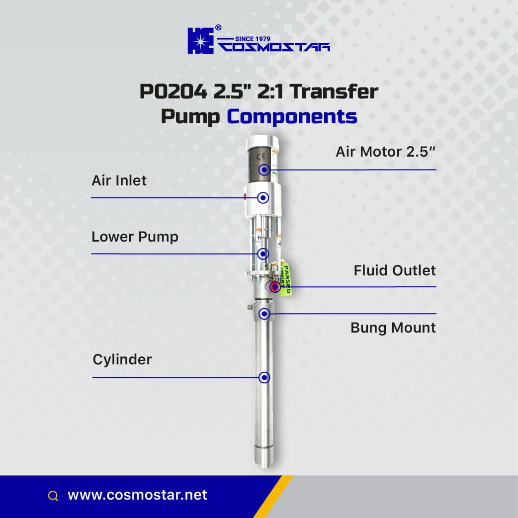 COSMOSTAR P0204 2.5" 2:1 Air Operated Pneumatic Oil/Chemical Transfer Pump (Stainless Steel Type, 5 Gallon Drum), Teflon Packing Piston Pumps 4.0GPM/15LPM, High Fluid Pressure 240 Psi