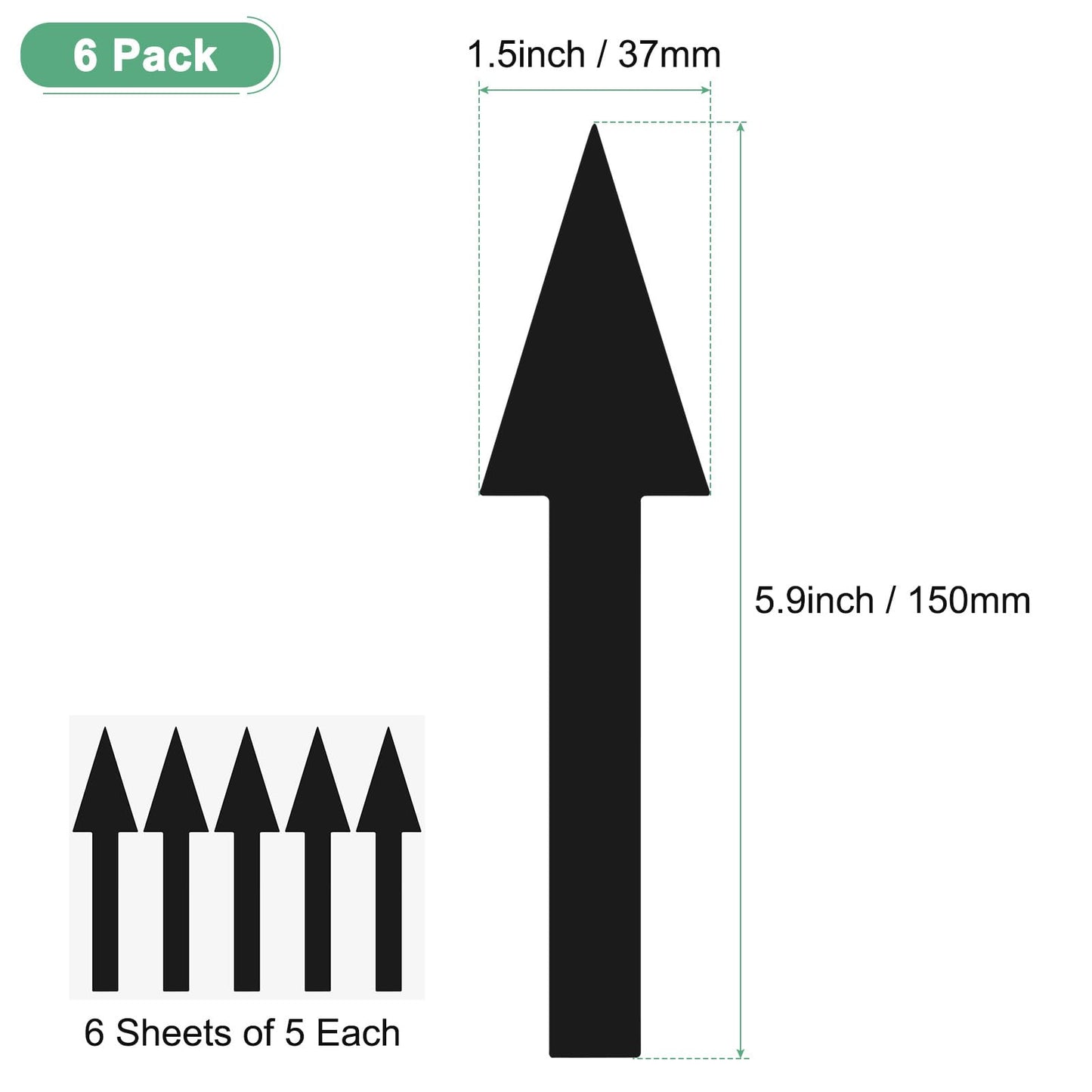 M METERXITY 6-Pack Arrow Sticker, 6 x 2 Inch/ 150 x 37 mm PVC Waterproof Self-Adhesive Directional Arrows Removable Directional Floor Decal Stickers for Wall Marking/Road Sign [Black]