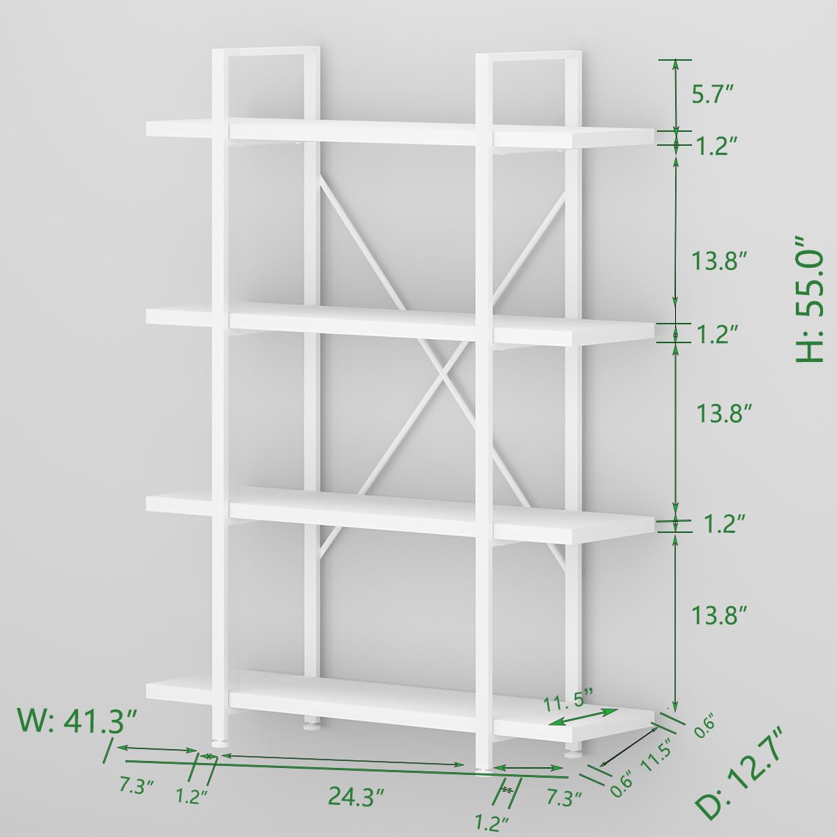 HSH 4 Tier White Bookshelf, Modern 4 Shelf Etagere Bookcase, Industrial Wood and Metal Storage Shelves and Display Book Rack, Farmhouse Open Wide Book Shelf for Bedroom Living Room Office, White Oak