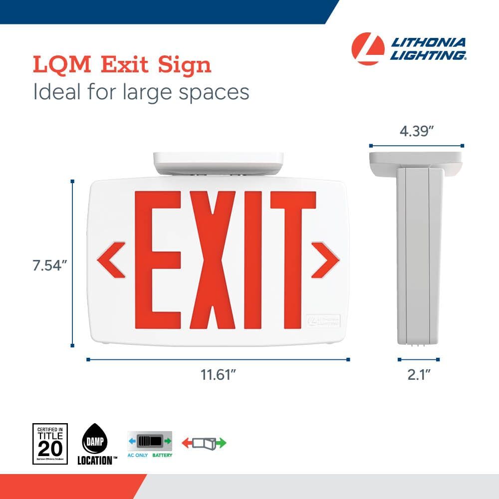 Lithonia Lighting Quantum LED Exit Sign, Dual Sided Emergency Exit Sign, Selectable Red and Green Colors, Pop-Out Chevrons, AC or Battery Backup, High Output Battery, White (LQM S W RG MVOLT EL HO M6)