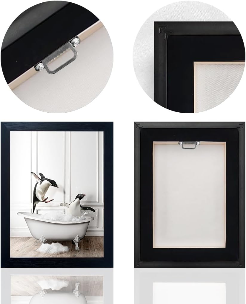 Skiennix Kids Bathroom Wall Art - Cute Penguins in Bathtub Canvas Print | Black & White Decor