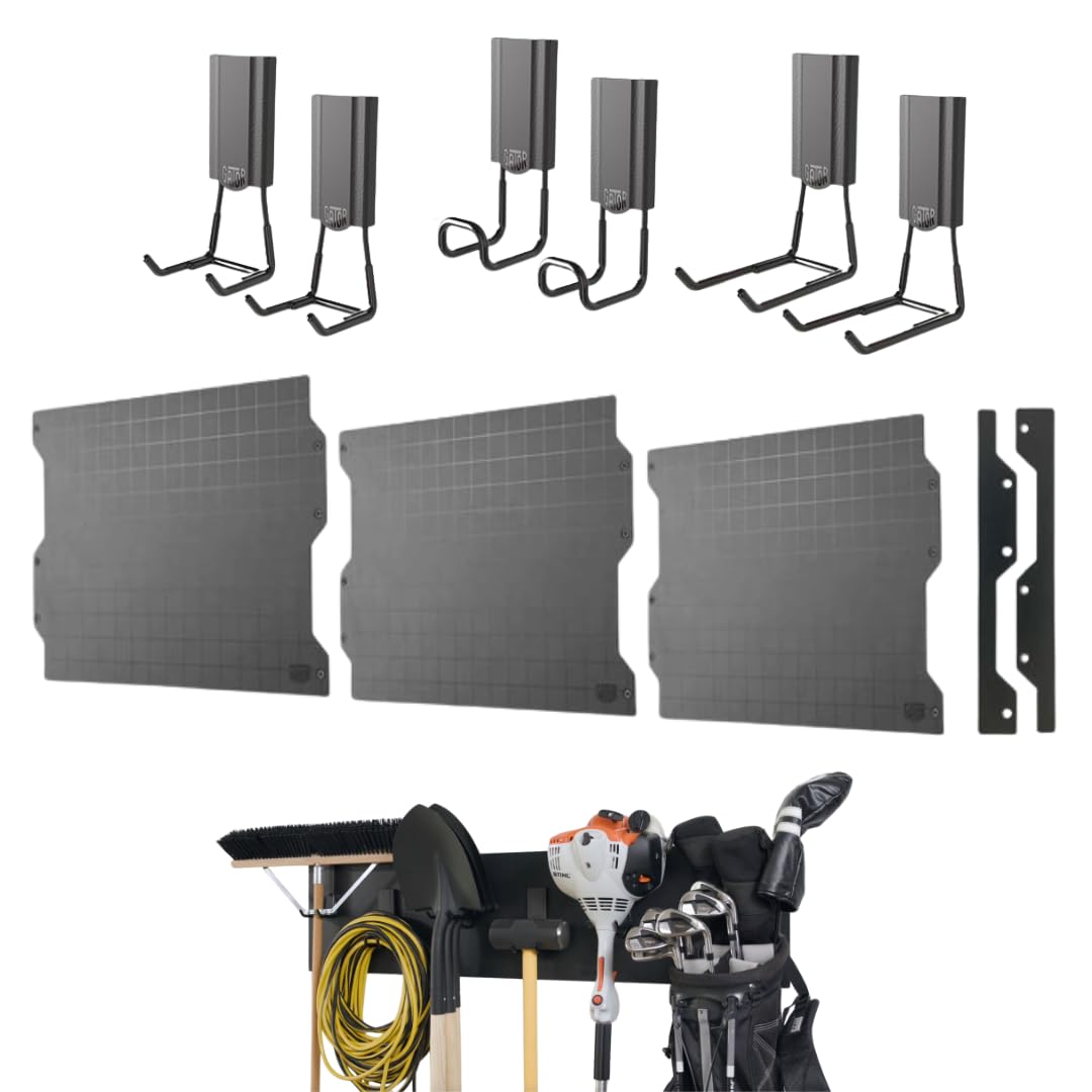 Gator Magnetics Wall Storage & Organization Kit – Includes (3) 16.75" x 12" Steel Wall Panels, (6) 25 lb Magnetic Hooks (2 Open 2.5", 2 Closed 2.5", 2 Open 4"), and Edge Caps – Garage & Home Organizer