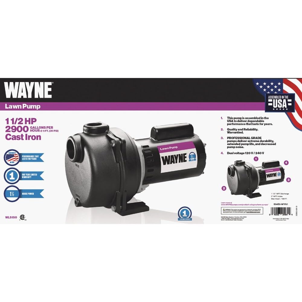 WAYNE WLS150-1 1/2 HP Cast Iron High Volume Lawn Sprinkling Pump - Up to 2,950 Gallons Per Hour - Heavy Duty Outdoor Pump for Sprinkler Systems