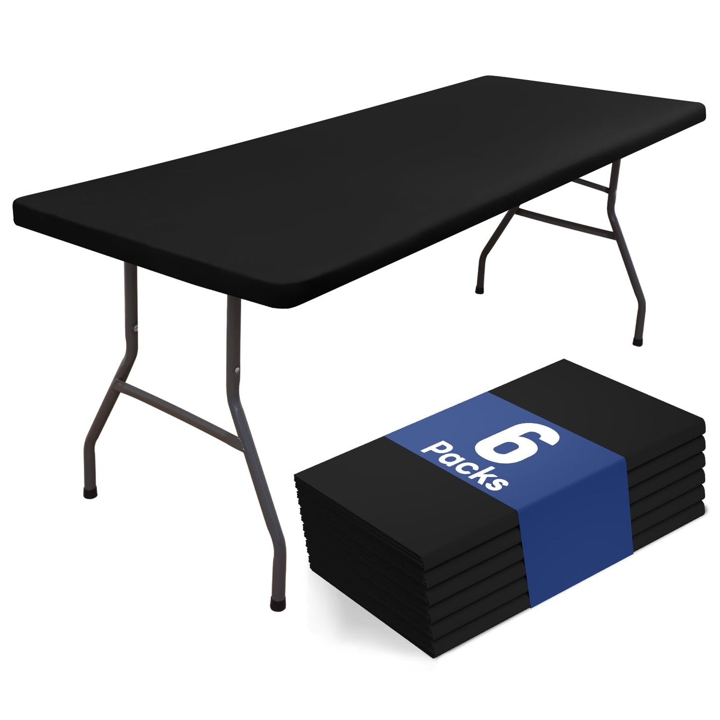 homing 6 Packs 6 Foot Rectangle Tablecloths, Washable Polyester Elastic Fitted Fabric Table Protector, Waterproof Table Cover for Picnic, Camping, Outdoor (Black, 30" x 72")