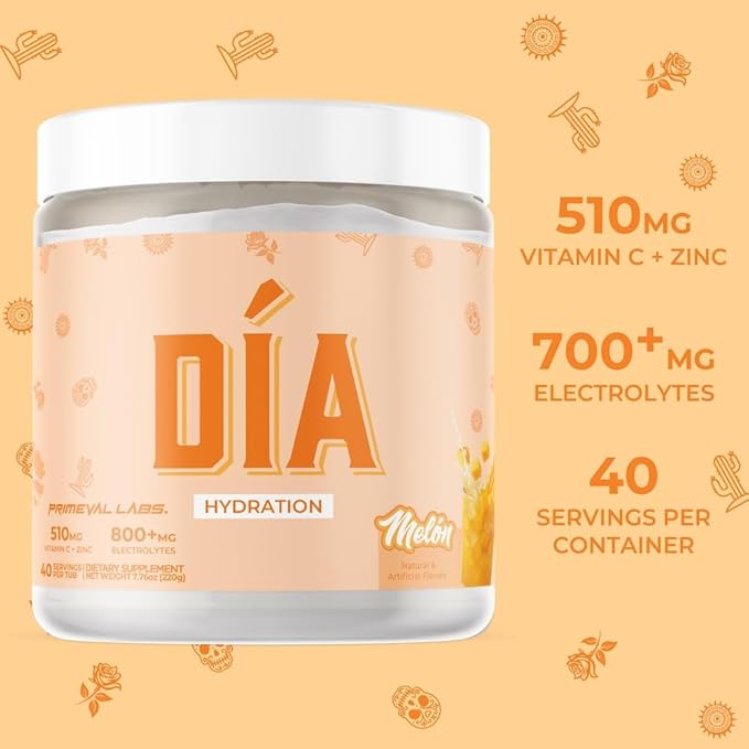 Primeval Labs Dia Hydration Electrolyte Powder | Vitamin C + Zinc, Taurine & Electrolytes | Low Sugar Daily Hydration Drink | 40 Serving Tubs | Melon