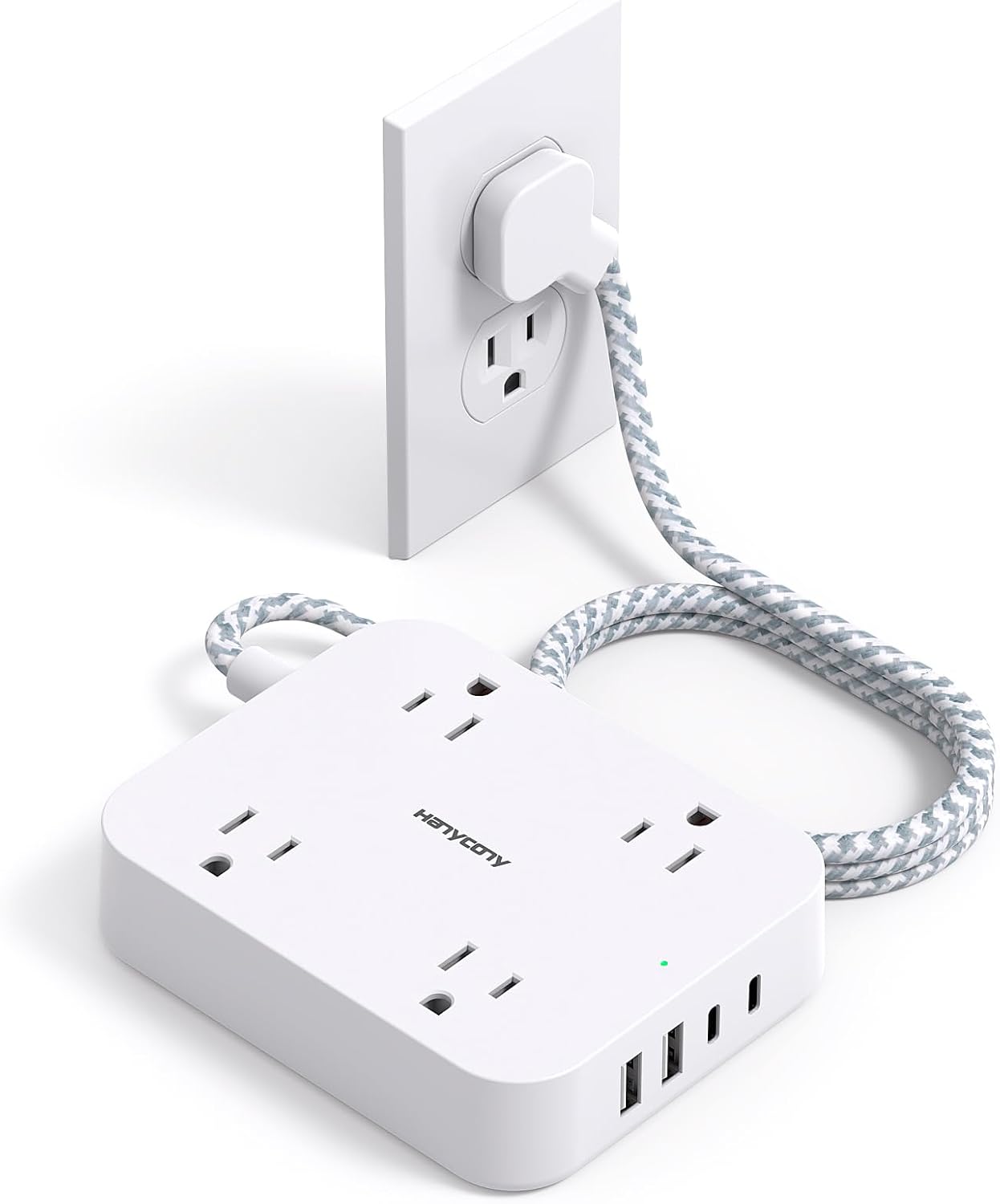 HANYCONY 5ft 4 Ports(2 4 Flat Plug Extension Cord, Power Strip with USB USB C), Widely Outlets Extender, Wall Mount