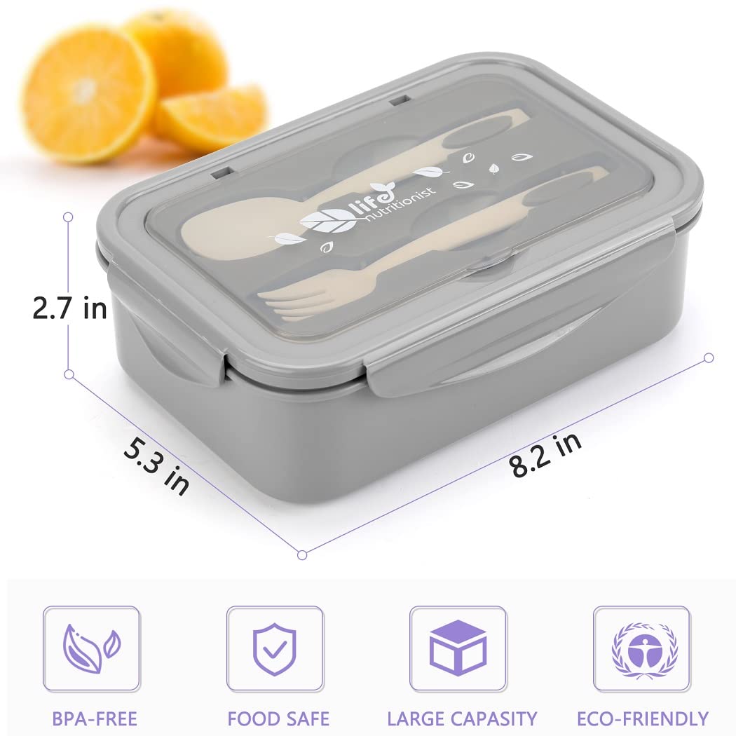 Bento Boxes for Adults - 1100 ML Bento Lunch Box Container For Kids With Spoon & Fork - Durable Perfect Size for On-the-Go Meal, BPA-Free and Food-Safe Materials(Grey)