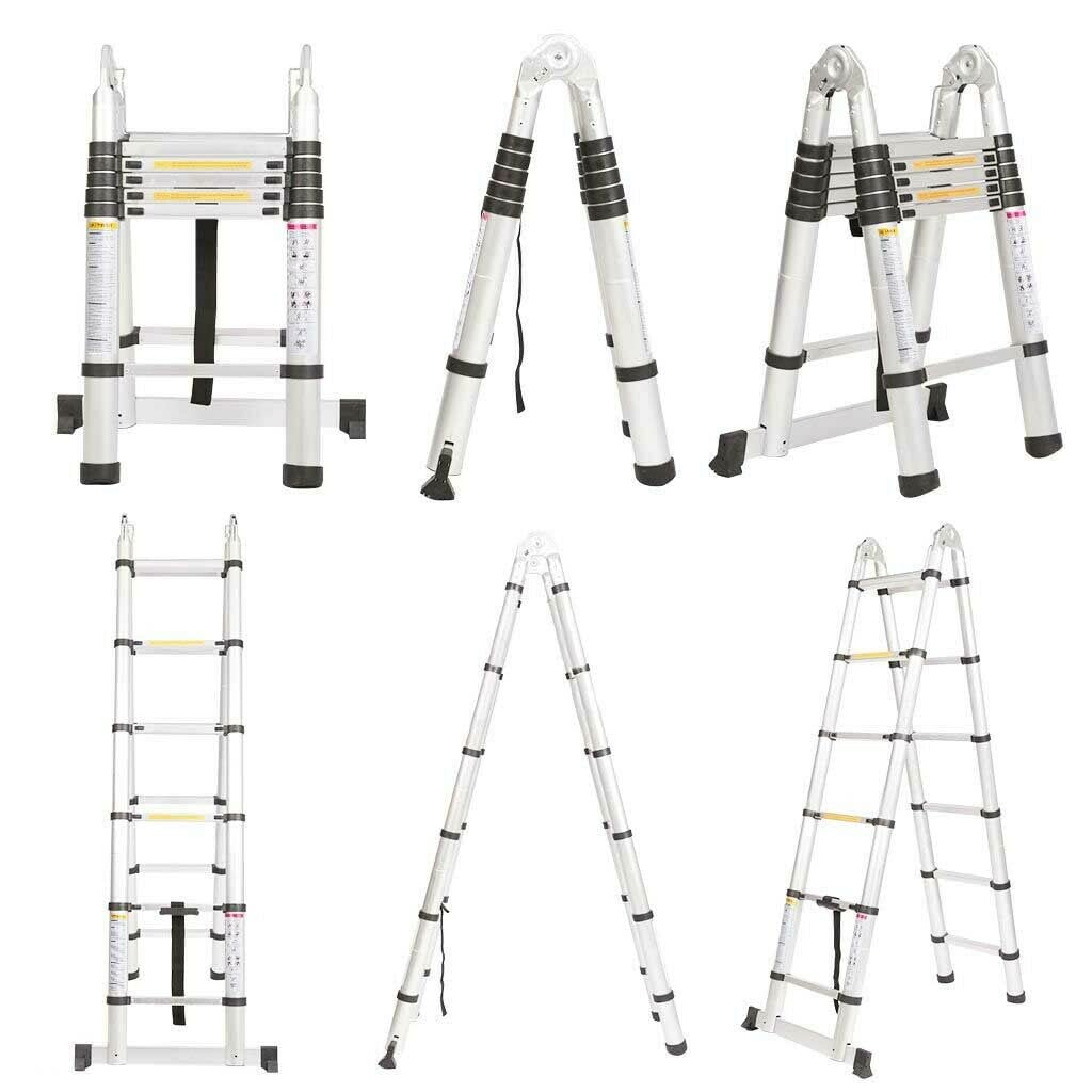 A-Frame Telescoping Ladder 12.5ft 6 + 6 Steps Adjustable Height with Support Bar Anti-Slip Feet, 330lbs Max Load, Folded Height 2.7ft Space Saving Easy to Transport, Heavy Duty RV Home Ladder