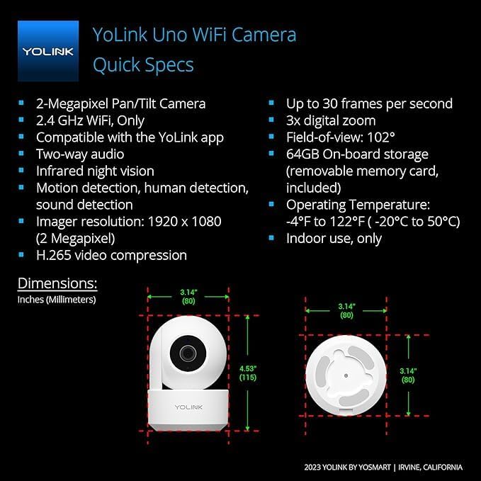 YoLink 2.4G 1080p 2-Way 64G 360 Uno WiF Wireless Home Security Camera Indoor, for Baby and Pet Monitor, Dog Camera