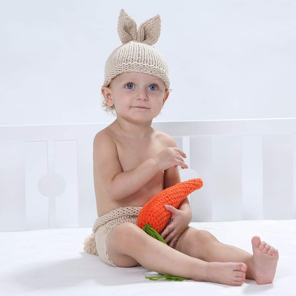1st IDOPIP Newborn Baby Easter Bunny Photography Props Costume Boy Girl Crochet Knit Rabbit Hat Diaper Carrot Birthday