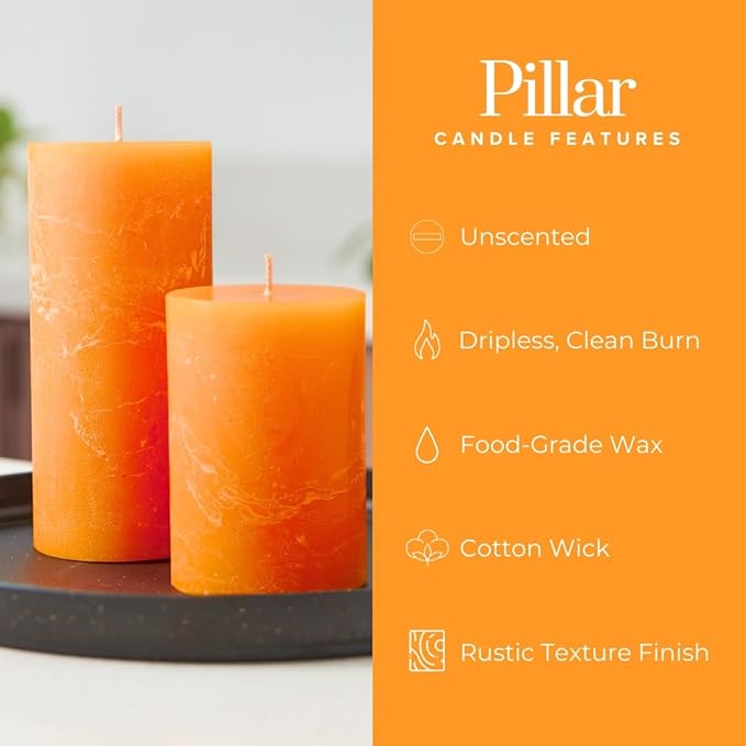 Simply Soson 3x4 inches Orange Candles & Fall Set, Rustic Texture Dripless Pillar Candles, Set of 3