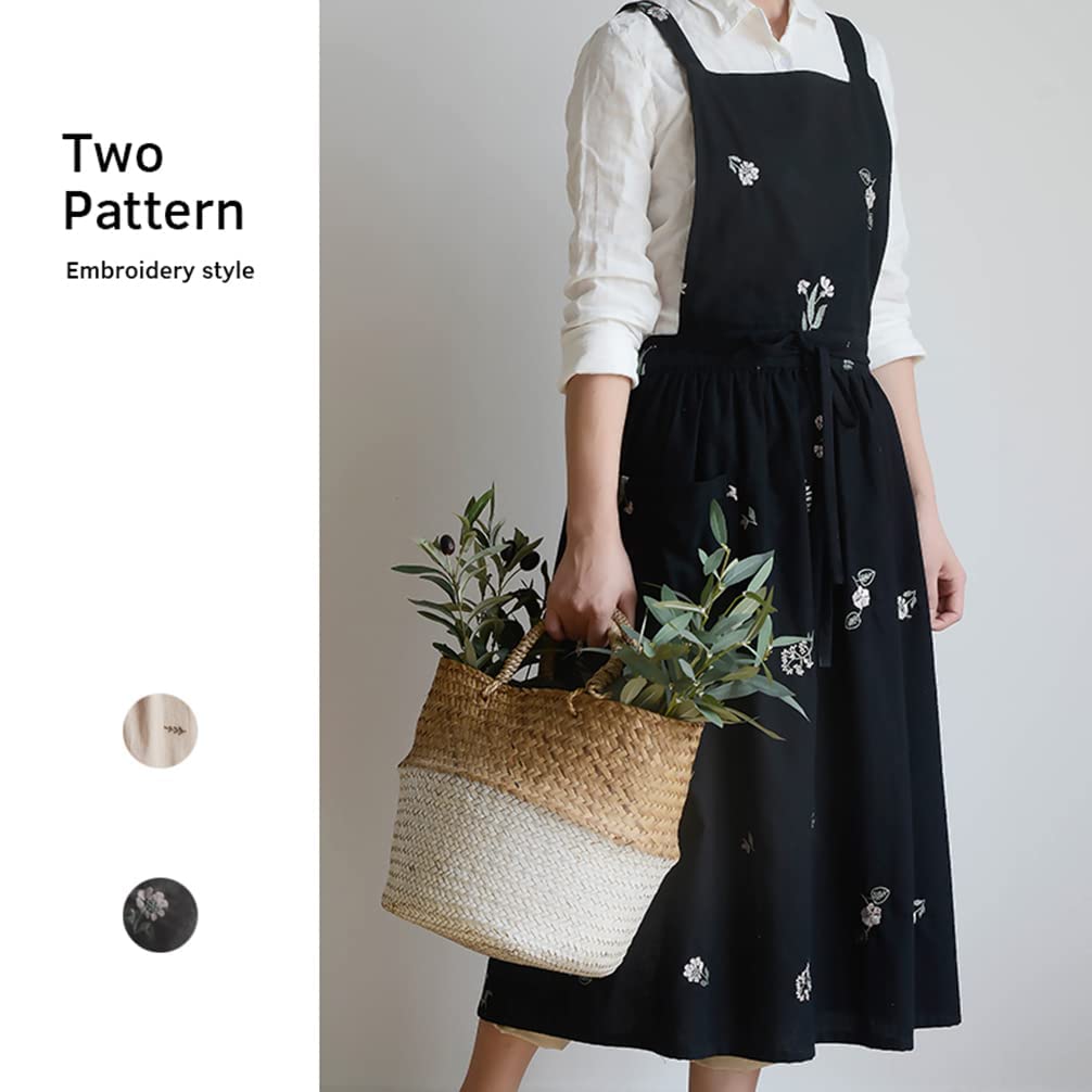 losofar Embroidered Cotton Pleated Apron Retro Waterdrop Proof Garden Cleaning Pinafore Dress (Floral Black, 103cmx86cm)