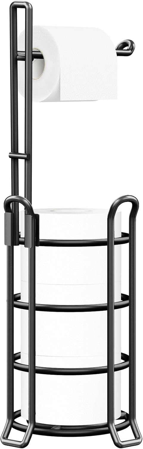 TomCare Toilet Paper Holder - Free-Standing Metal Wire Dispenser for 3 Spare Rolls | Black Bathroom Organizer