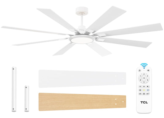 TCL Ceiling Fans with Lights and Remote: 8 Blades, Quiet Reversible DC Motor, Dimmable Super Bright LED, Noiseless Large Modern Fan for Room, Outdoor, Commercial and Industrial Use (White, 62 Inch)