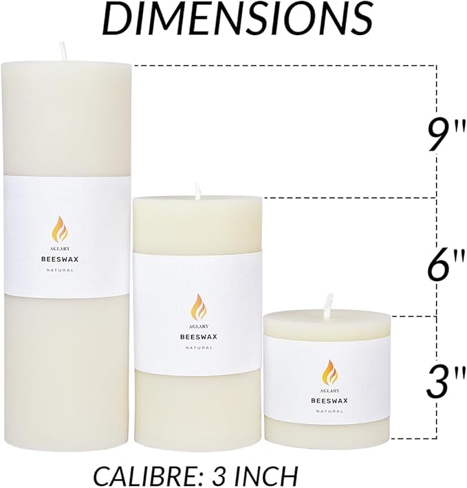 3"x 6" Large Beeswax Pillar Candle, Made of Pure Natural Beeswax, with Ultra Long Burning Time and Low Allergenicity-White